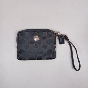 Coach Wristlet Women Black Signature Canvas Zip Wallet Card Holder Y2K